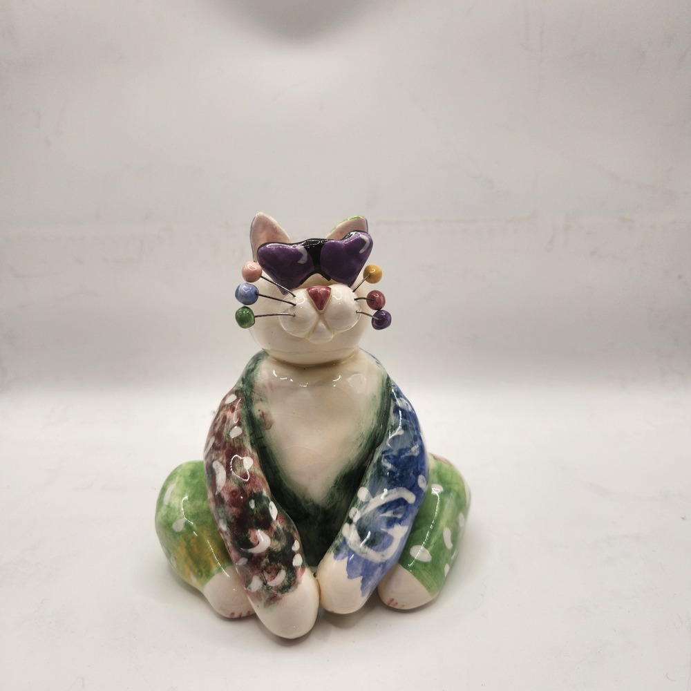 Annaco Creations 2001 Whimsical Ceramic Cat Figurine Whiskers Colorful Folk Art